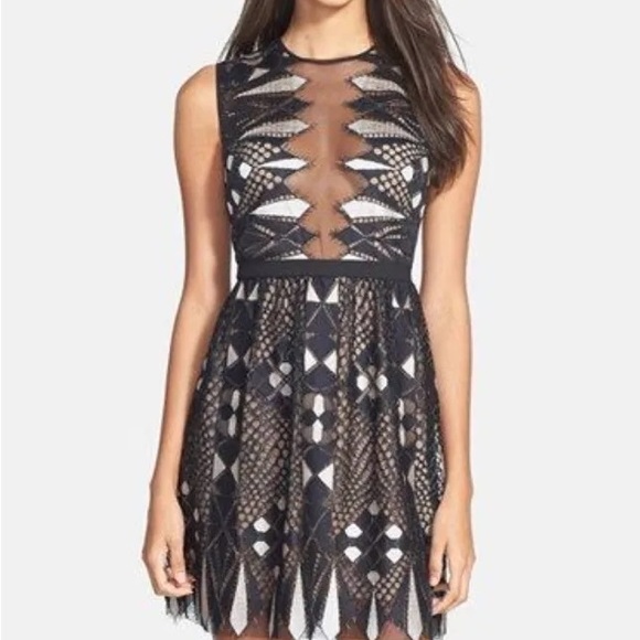 BCBGMaxAzria Dresses & Skirts - BCBGMaxAzria Kailey Sleeveless Black Lace Geometric A Line Mini Dress